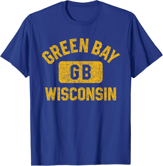 Green Bay Wisconsin GB Gym Style Distressed Amber Print T-Shirt - T-Shirt | Royal