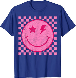 Retro Happy Face Distressed Checkered Pattern Smile Face T-Shirt - T-Shirt | Royal