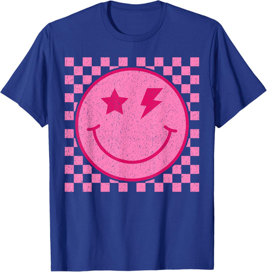 Retro Happy Face Distressed Checkered Pattern Smile Face T-Shirt - T-Shirt | Royal