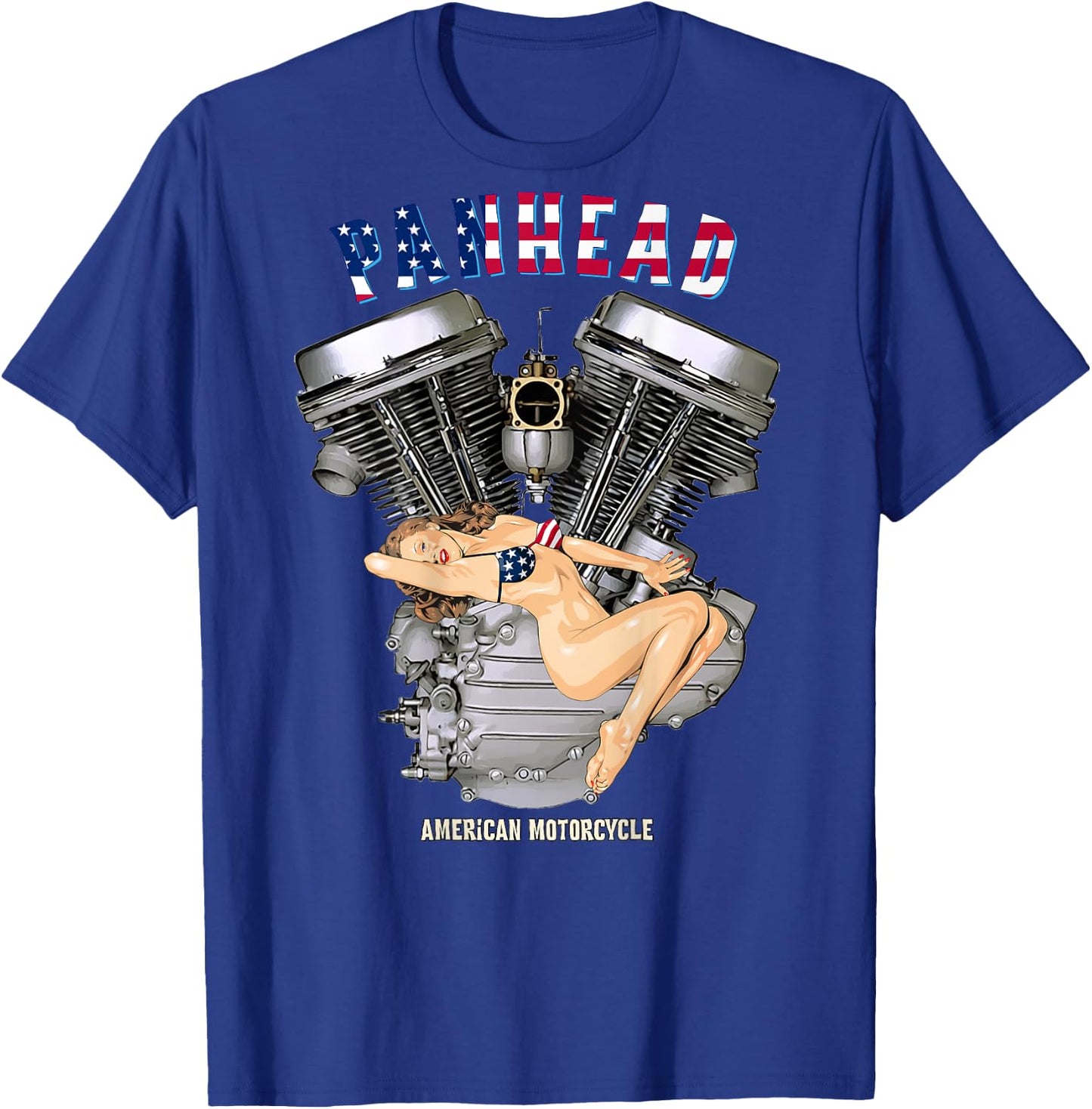 USA Panhead Motorcycle Sexy Retro Pinup Flag Biker Gear T-Shirt - T-Shirt | Royal