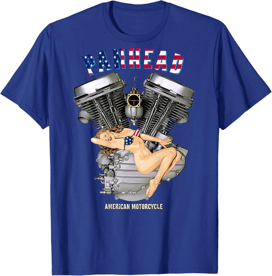 USA Panhead Motorcycle Sexy Retro Pinup Flag Biker Gear T-Shirt - T-Shirt | Royal