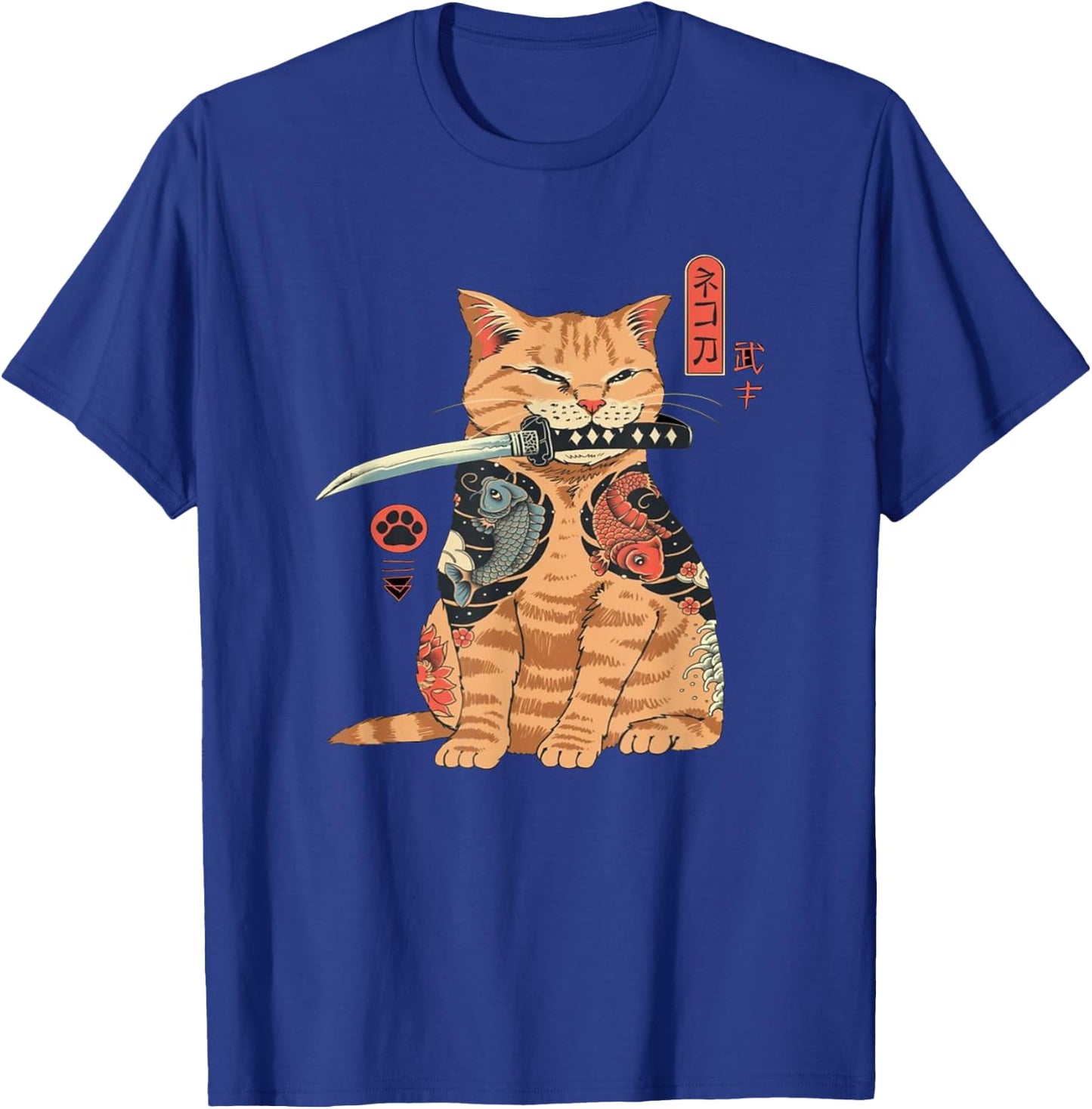 Alexamerch Cats Japanese Samurai Ninja Cat Kawaii Tattoo Graphic - Kids, Anime Fans, Casual Wear Lovers - - Black - Small - Short Sleeve - Classic Fit - Cotton, Polyester T-Shirt - T-Shirt | Royal