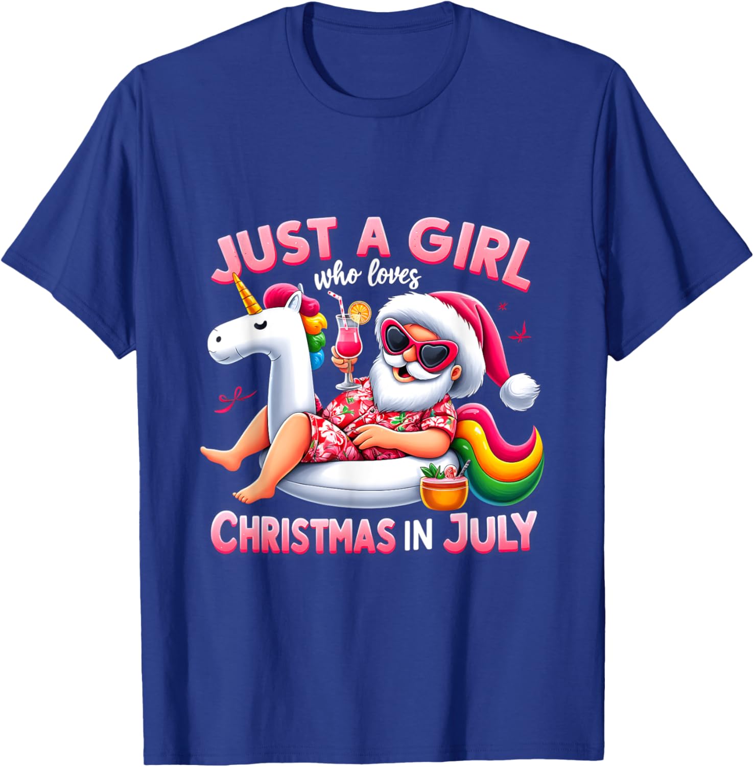 Just A Girl Who Loves Christmas in July Funny Santa Unicorn T-Shirt - T-Shirt | Royal