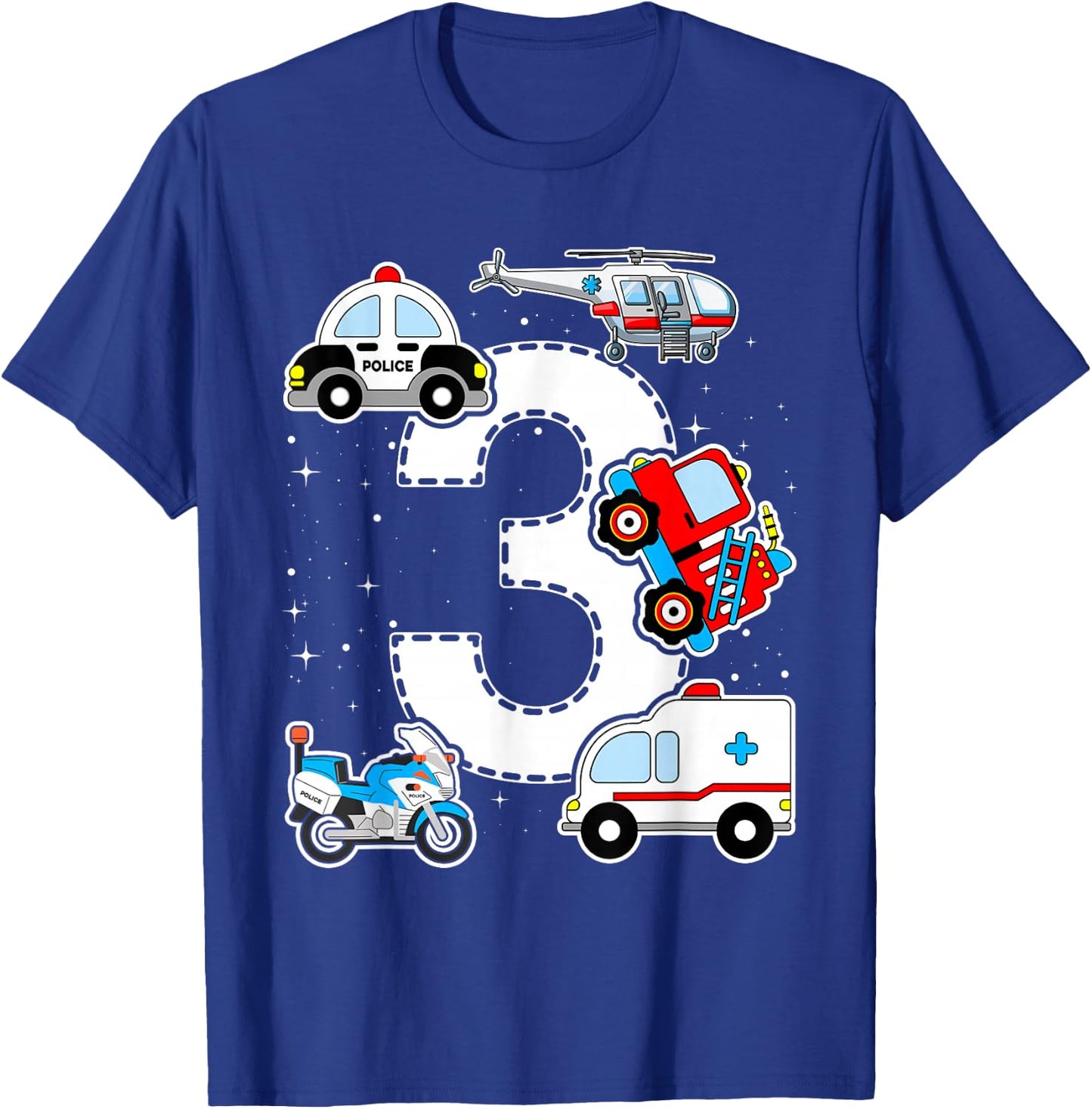 Emergency Vehicles 3rd Birthday Fire Truck Police Car Boys T-Shirt - T-Shirt | Royal