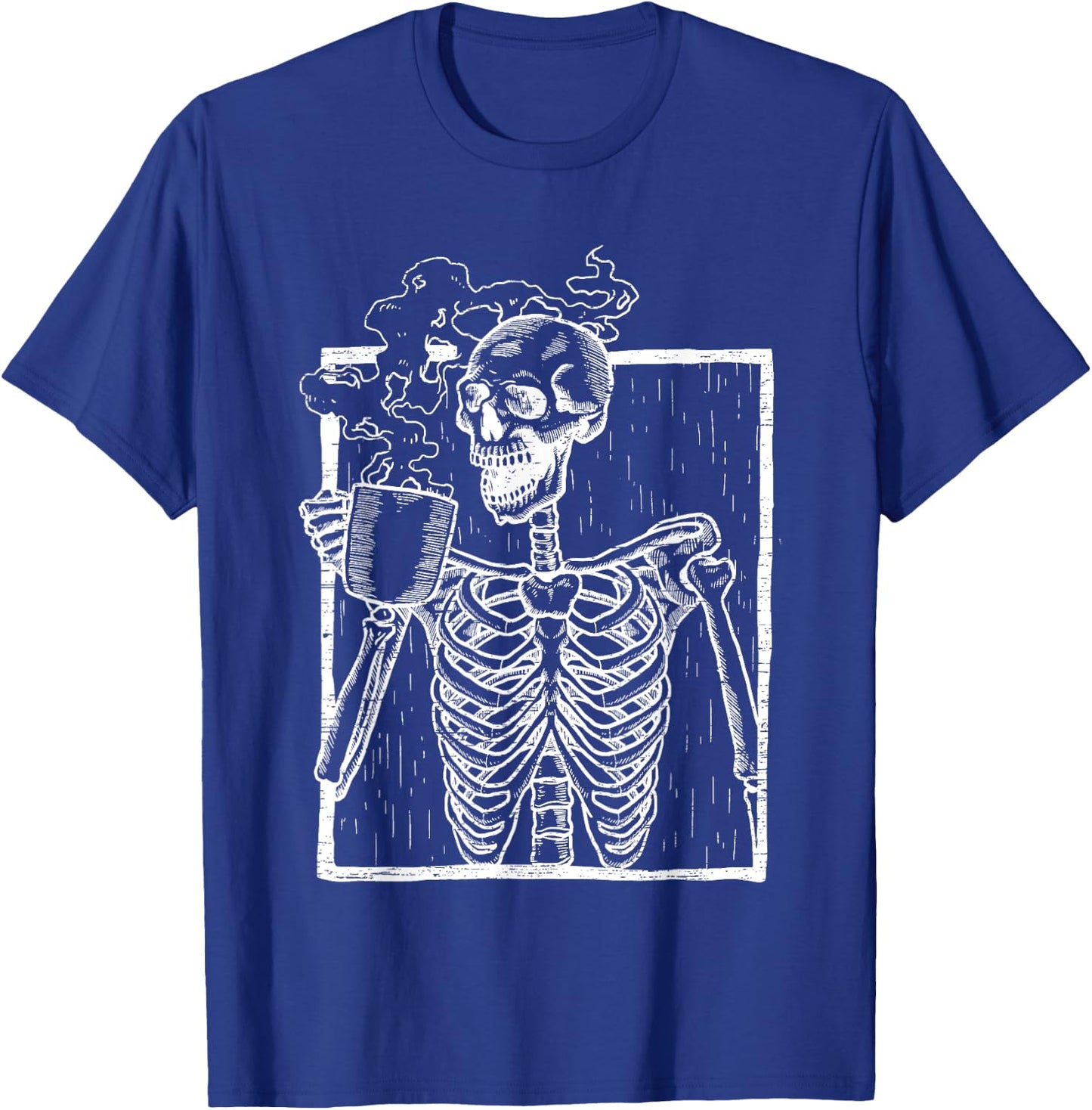 Distressed Skeleton Vintage Smiling Skull drinking Coffee T-Shirt - T-Shirt | Royal