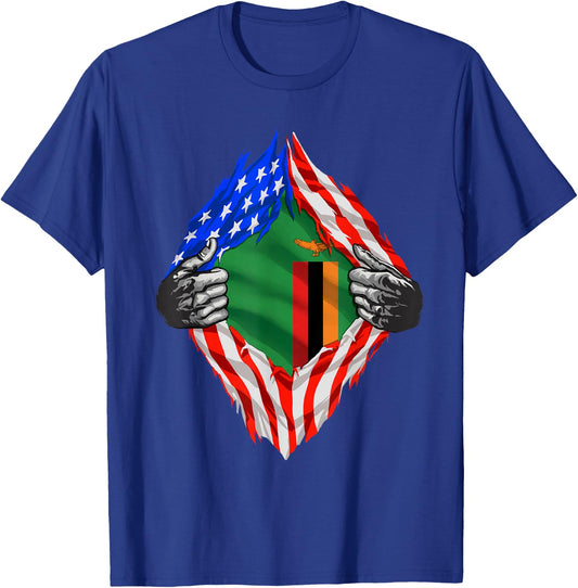Super Zambian Heritage Zambia Roots USA Flag T-Shirt - T-Shirt | Royal