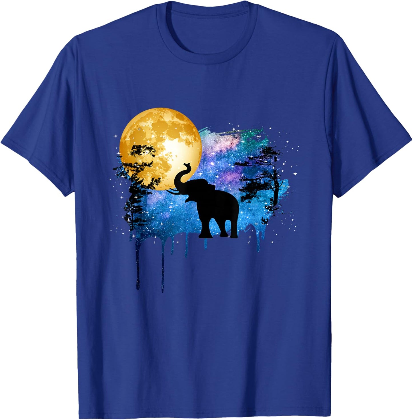 Elephant Full Moon Galaxy Star Night Nature Graphic Art T-Shirt - T-Shirt | Royal