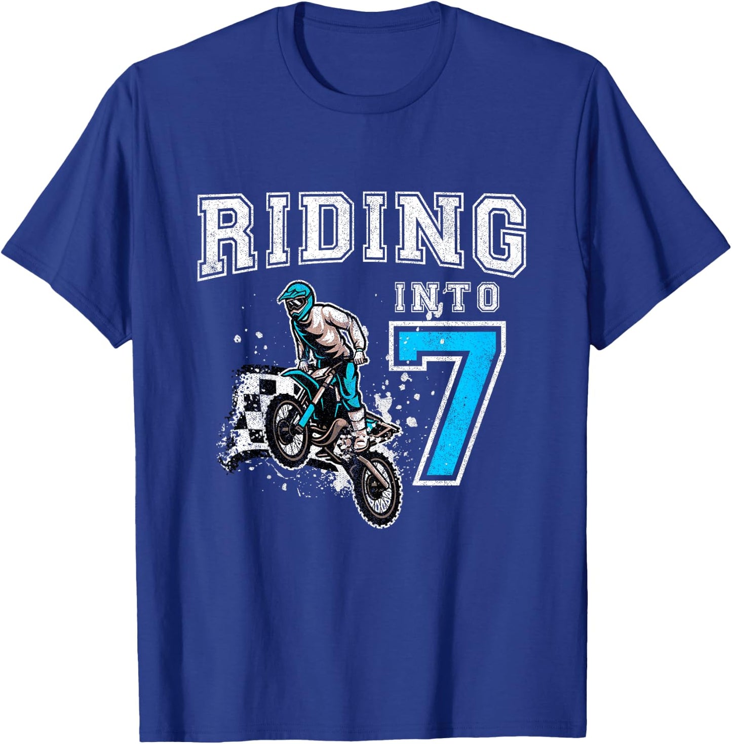 Kids Riding Into 7 Years Old 7th Birthday Boy Dirt Bike Party T-Shirt - T-Shirt | Royal