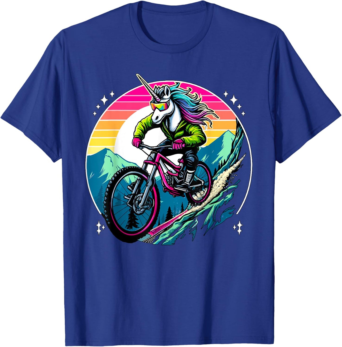 Unicorn Mountain Bike Adventure Fantasy Colorful Sunset T-Shirt - T-Shirt | Royal