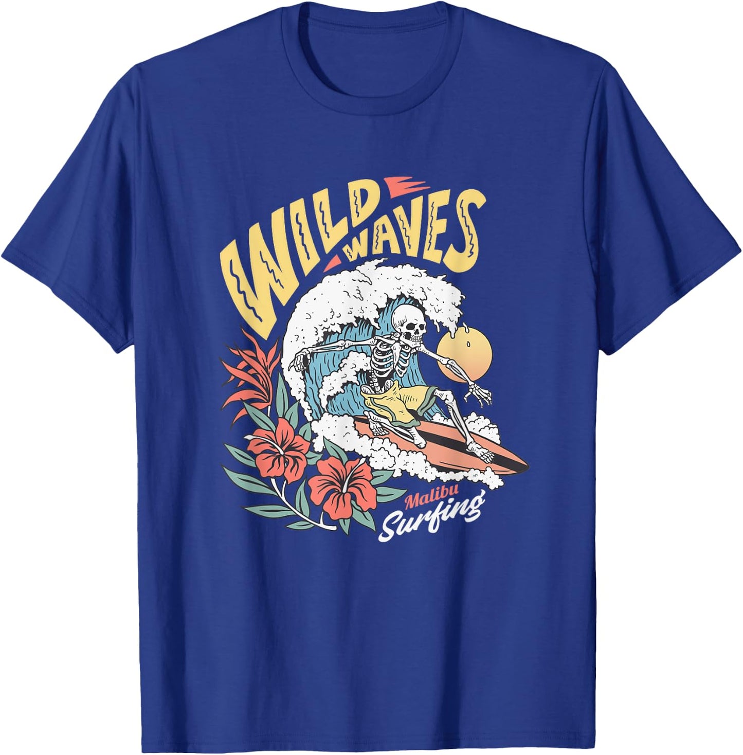 Funny Wild Waves Surfing Skeleton Malibu California Beach T-Shirt - T-Shirt | Royal