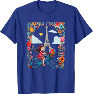 Girl on bicycle in Paris Eiffel Tower, Love Paris, French T-Shirt - T-Shirt | Royal