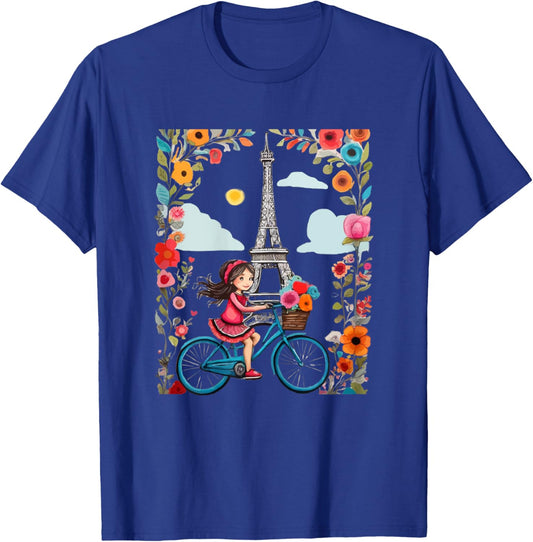 Girl on bicycle in Paris Eiffel Tower, Love Paris, French T-Shirt - T-Shirt | Royal