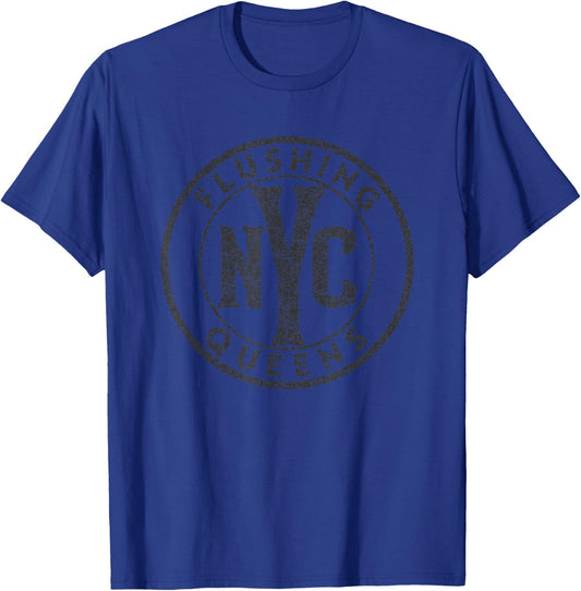 Flushing Queens NYC Circle Sign Distressed Black Print T-Shirt - T-Shirt | Royal