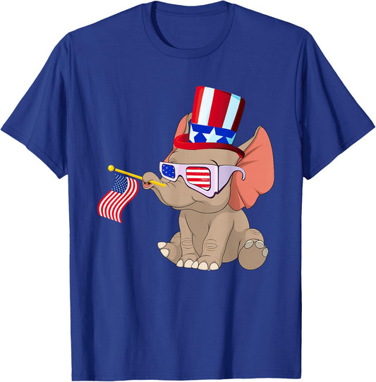 Patriotic Elephant Wearing American Flag Sunglasses 4th July Women Kids Men T-Shirt - T-Shirt | Royal