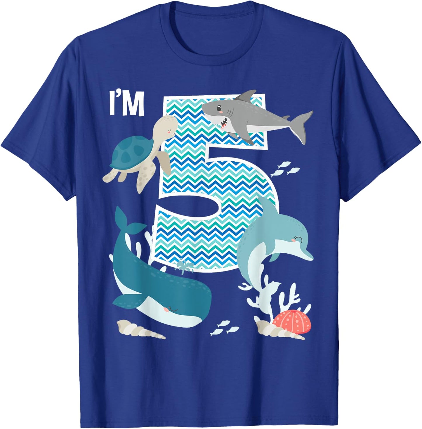 Kids 5 Year Old Ocean Life Whale Dolphin Shark 5th Birthday T-Shirt - T-Shirt | Royal
