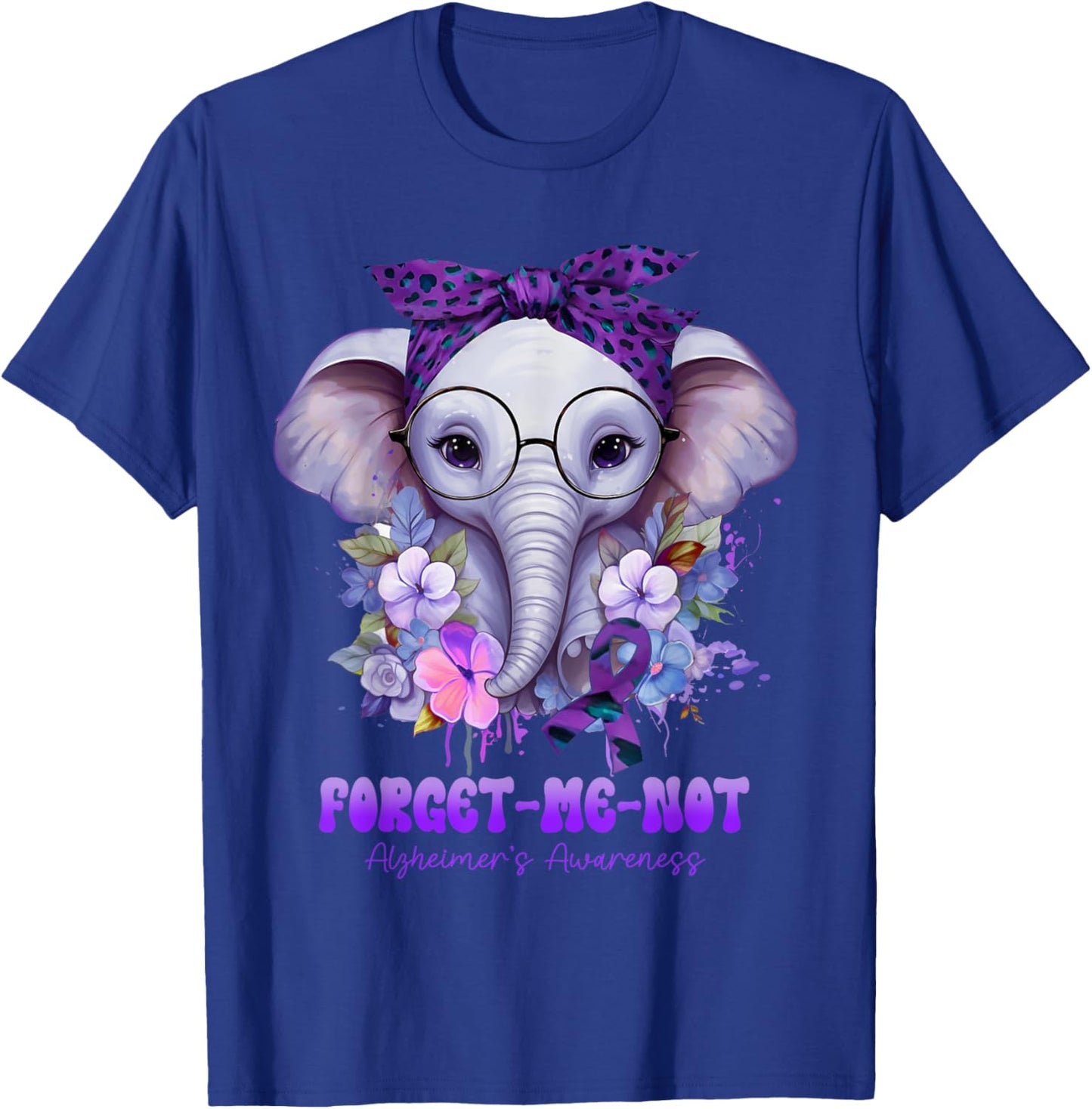 Forget Me Not Alzheimer's Awareness Elephant Flower T-Shirt - T-Shirt | Royal