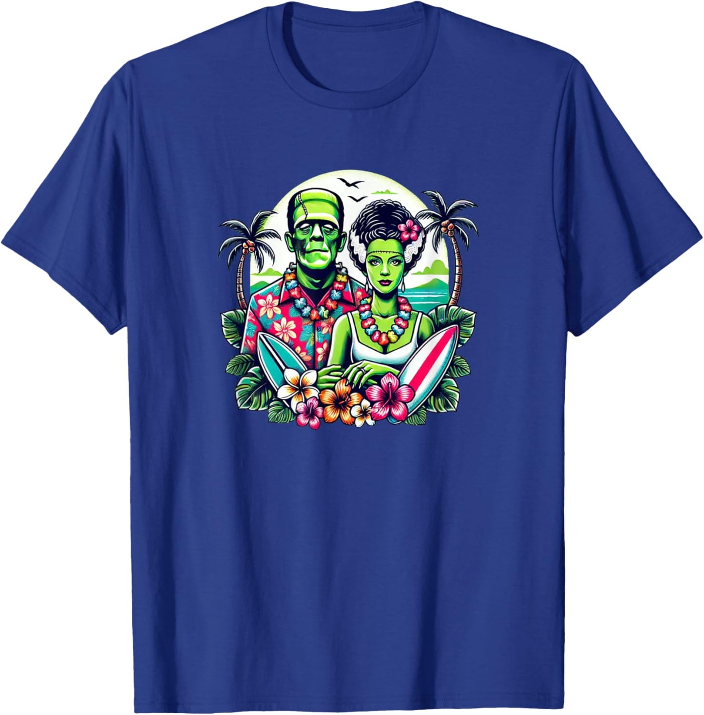 Frankenstein Monster and Bride Tropical Hawaiian Beach Women Girls Kids T-Shirt - T-Shirt | Royal