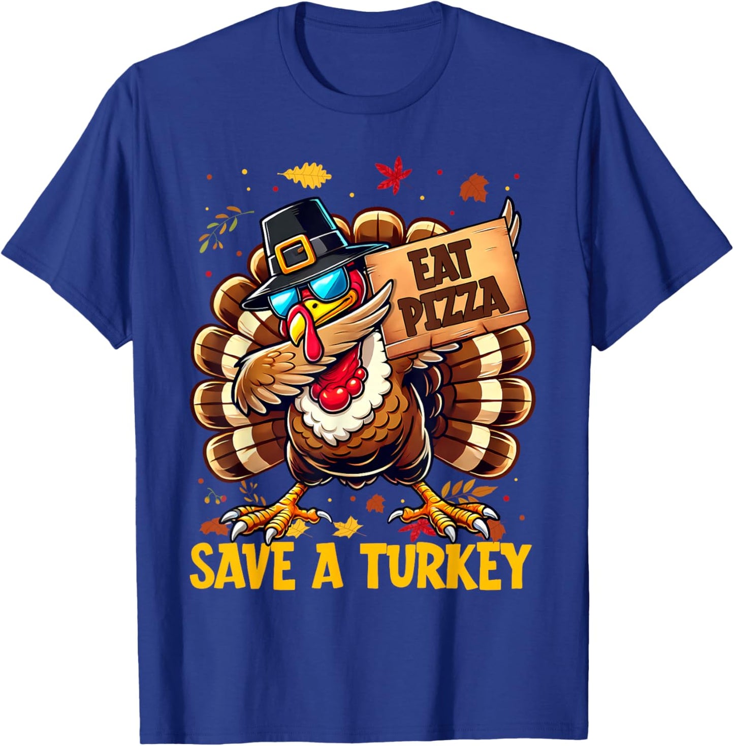 Funny Save A Turkey Eat Pizza Autumn Thanksgiving Groovy T-Shirt - T-Shirt | Royal