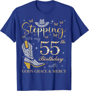 Stepping Into My 55th Birthday with God's Grace and Mercy T-Shirt - T-Shirt | Royal