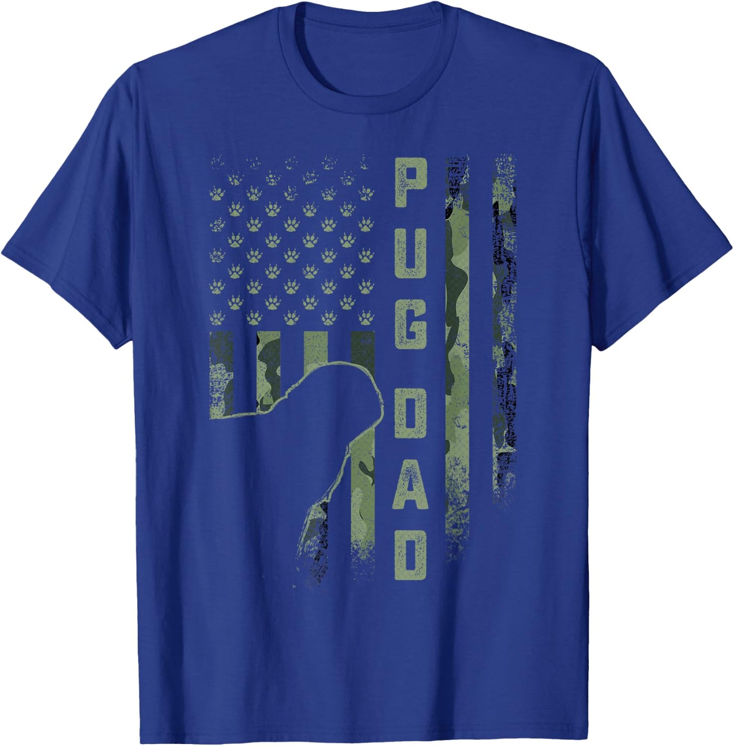 Vintage USA American Camo Flag Proud Pug Dog Dad Silhouette Men Women T-Shirt - T-Shirt | Royal