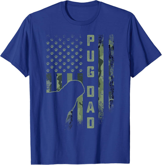 Vintage USA American Camo Flag Proud Pug Dog Dad Silhouette Men Women T-Shirt - T-Shirt | Royal