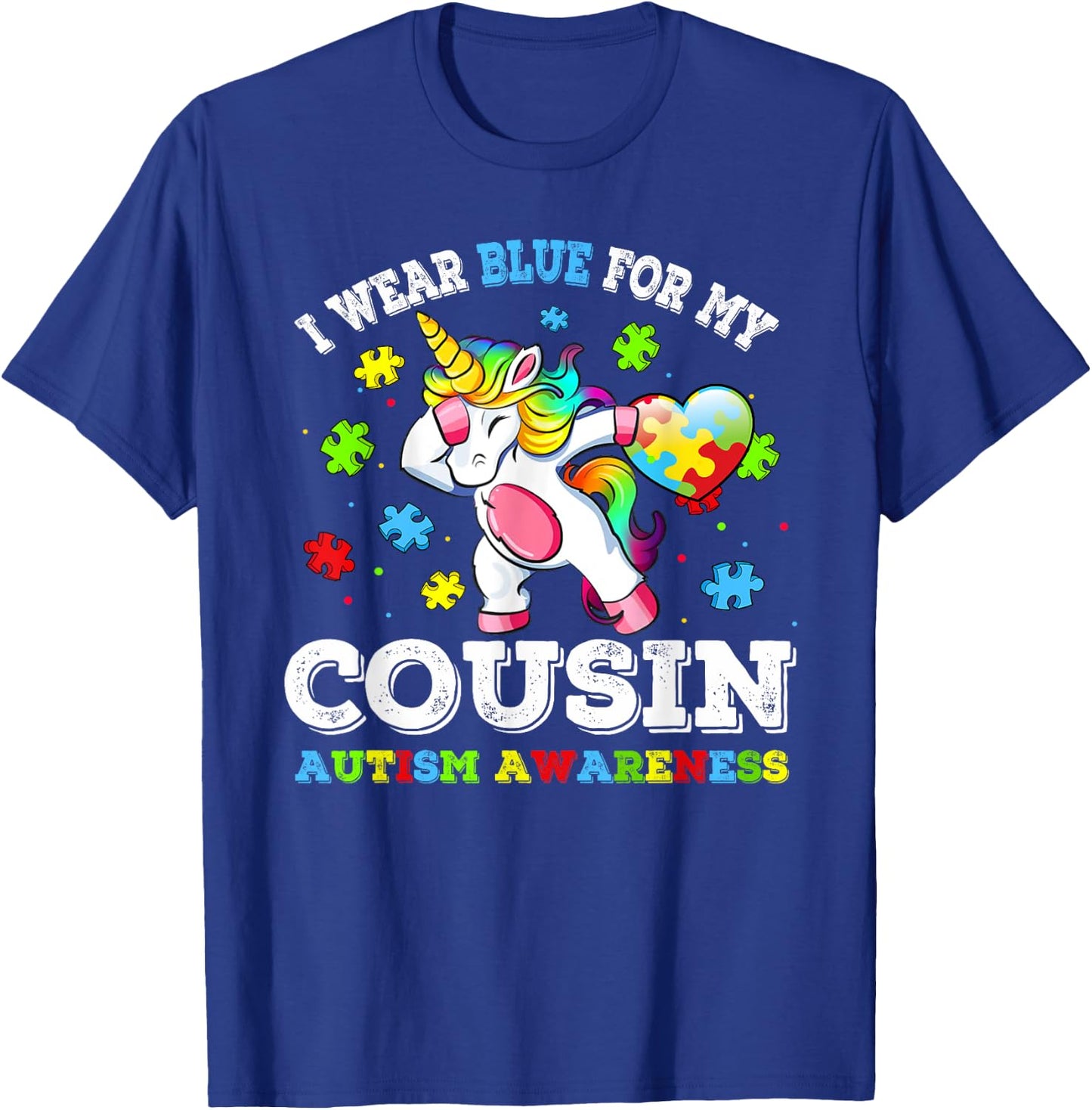 I Wear Blue For My Cousin Autism Dab Unicorn Puzzle Piece T-Shirt - T-Shirt | Royal