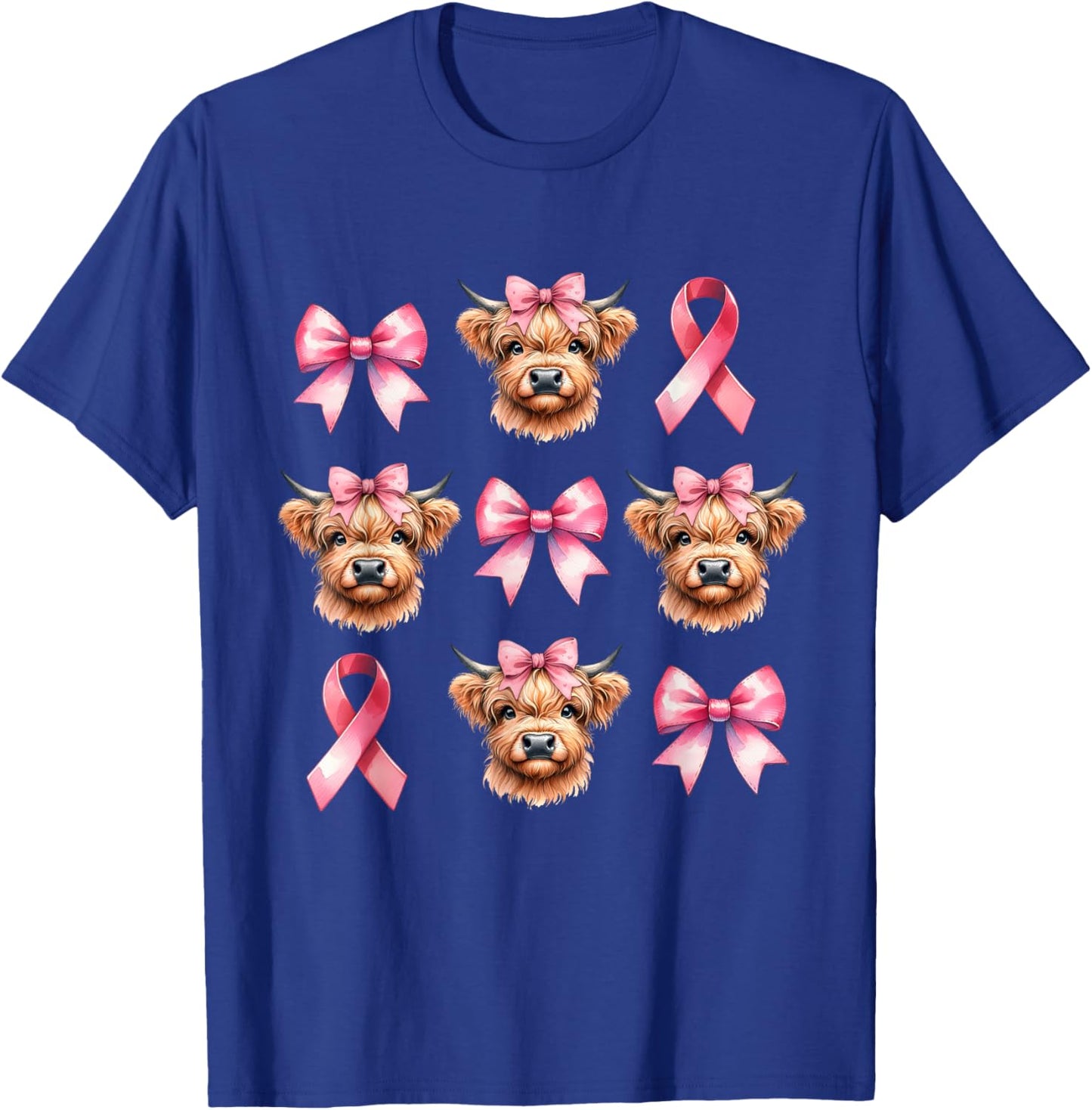 Coquette Bow Pink Ribbon Highland Cow Pink Breast Cancer T-Shirt - T-Shirt | Royal