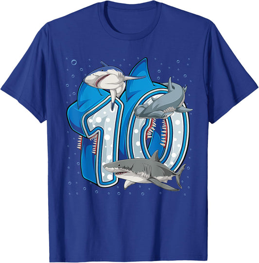 10th Birthday Boys Shark 10 years Old Ocean Shark B-day T-Shirt - T-Shirt | Royal