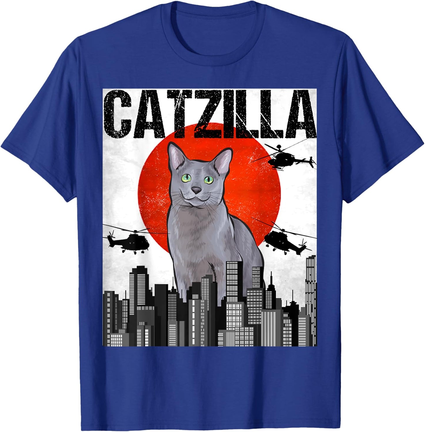 Funny Vintage Japanese Catzilla Russian Blue Cat Men Women T-Shirt - T-Shirt | Royal