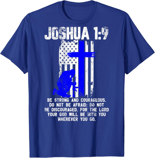 Thin Blue Line Police Cross Bible Verse Christian USA Flag Women Men T-Shirt - T-Shirt | Royal