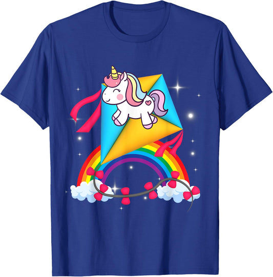 Unicorn Riding Kite Women Men Kids Teens Boys Girls Rainbow T-Shirt - T-Shirt | Royal