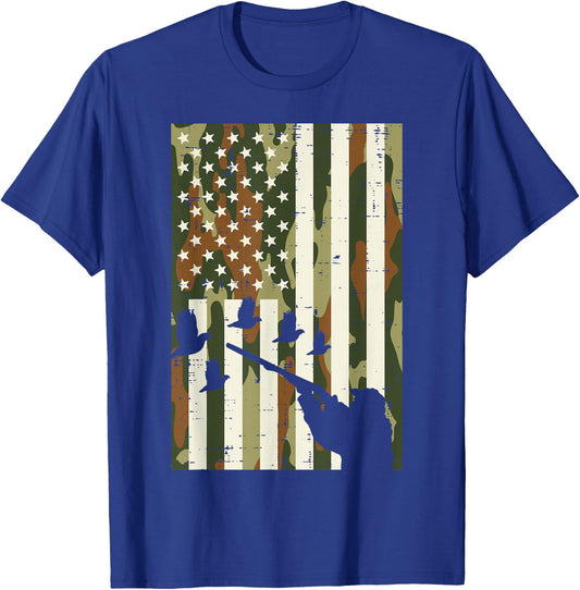 Camo US Flag Quail Pheasant Hunting Upland Hunt Patriotic T-Shirt - T-Shirt | Royal