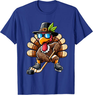 Turkey Hockey Thanksgiving Fall Turkey Playing Hockey Boys T-Shirt - T-Shirt | Royal
