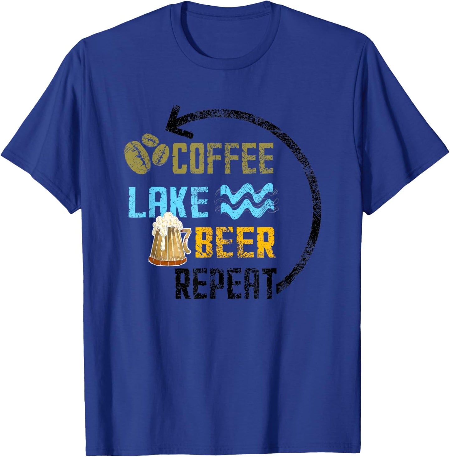 Coffee Lake Beer Repeat Lakefront Living Distressed Art Gift T-Shirt - T-Shirt | Royal