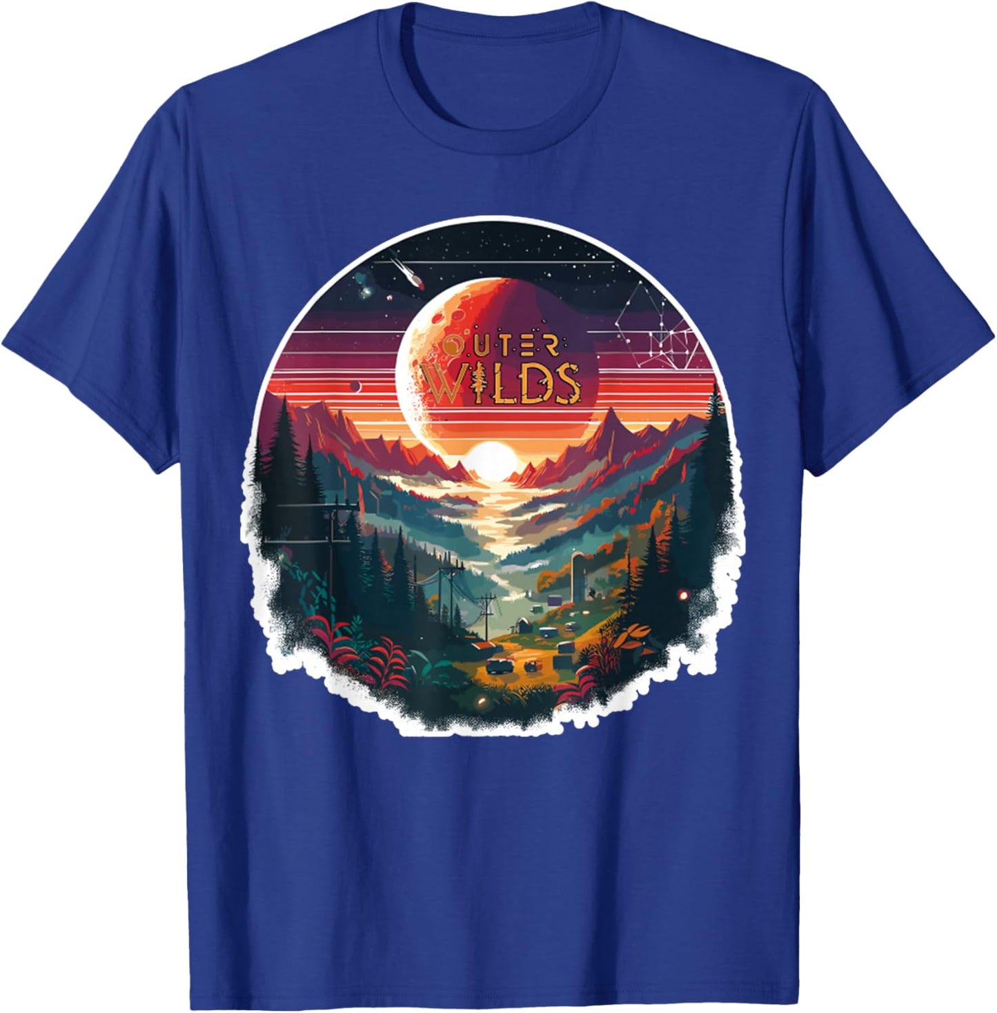 Outer Wilds Text Moon Mountain Forest Tree House Sun T-Shirt - T-Shirt | Royal