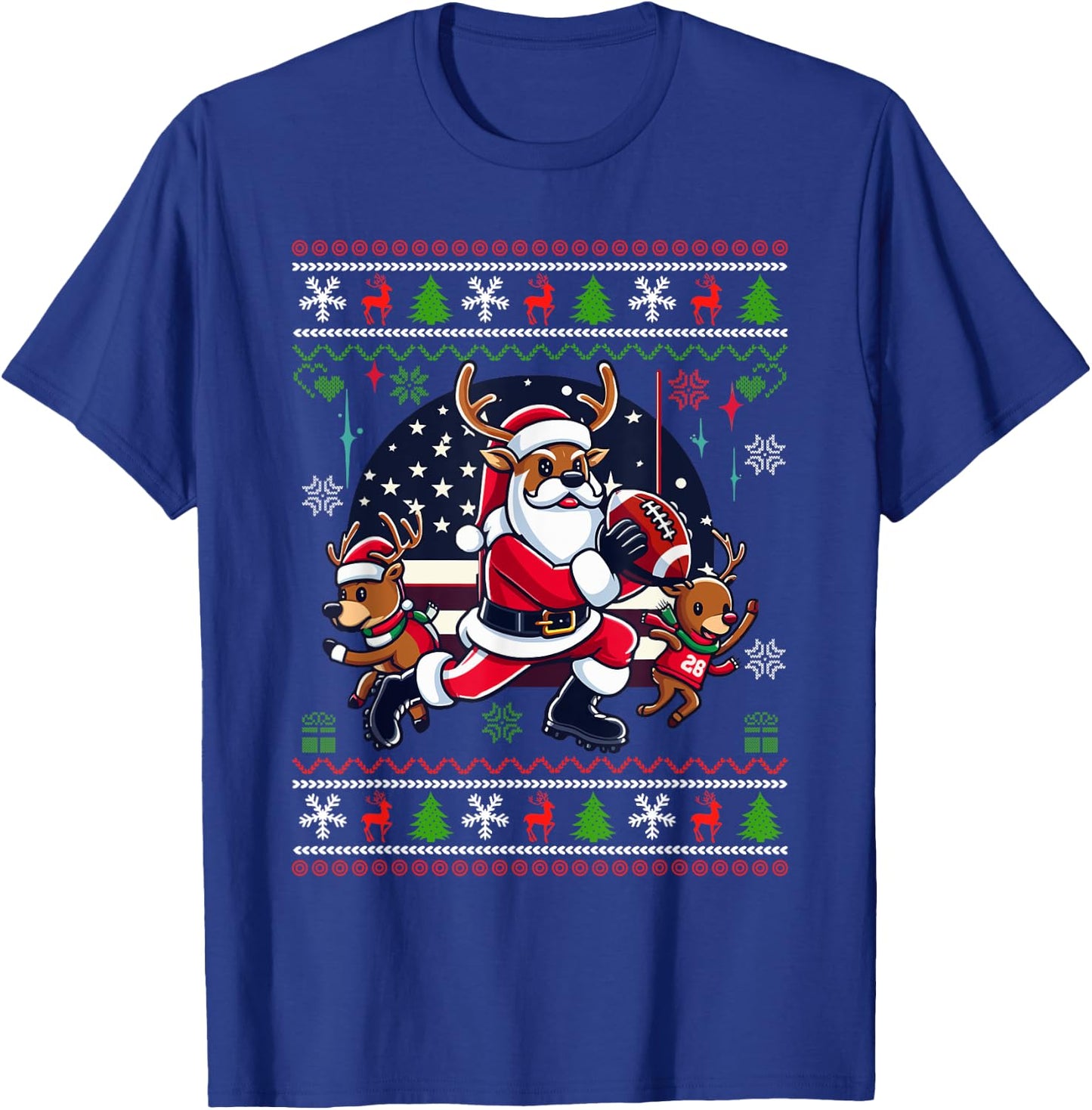 Santa Reindeer Play American Football Ugly Christmas Sweater T-Shirt - T-Shirt | Royal