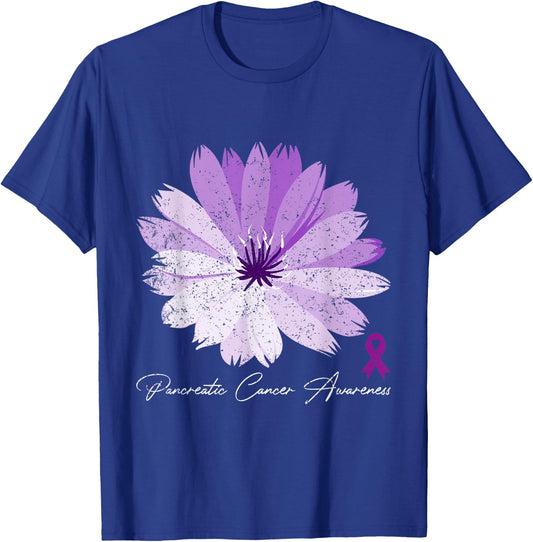 Flower Purple Ribbon Pancreatic Cancer Awareness T-Shirt - T-Shirt | Royal