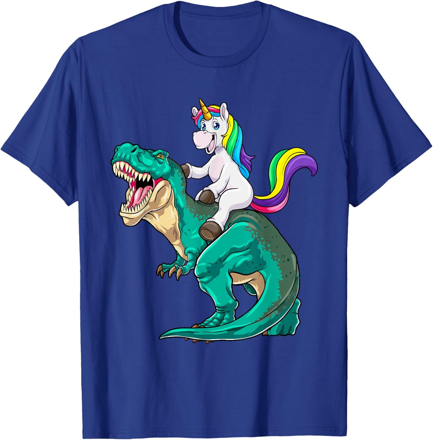 Unicorn Riding T rex Dinosaur Boys Girls Men Women Rainbow T-Shirt - T-Shirt | Royal