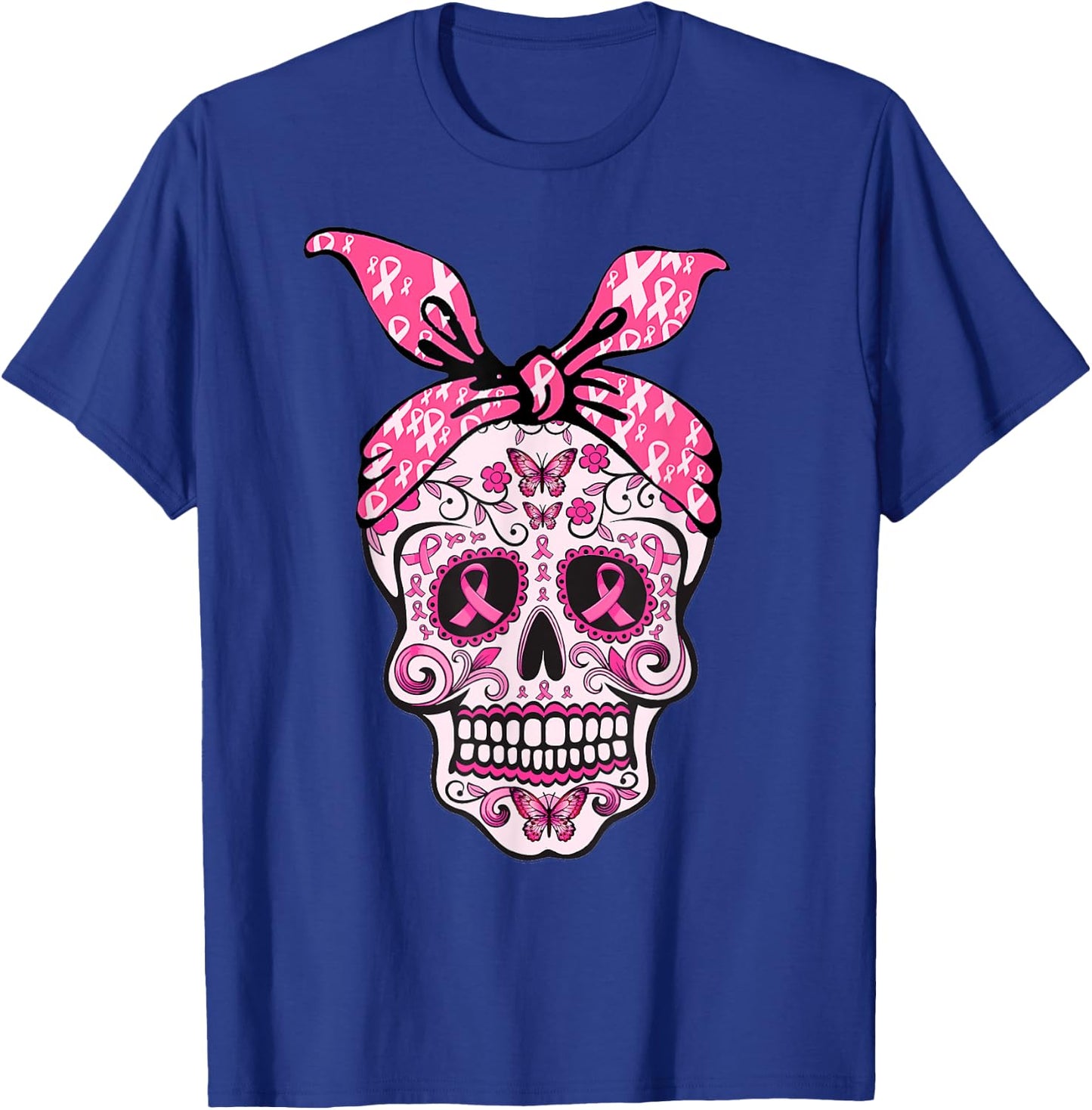 Sugar Skull Pink Ribbon Bandana Calavera Breast Cancer T-Shirt - T-Shirt | Royal