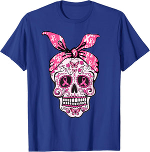 Sugar Skull Pink Ribbon Bandana Calavera Breast Cancer T-Shirt - T-Shirt | Royal