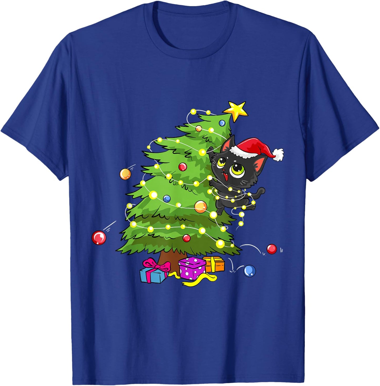 Santa Black Cat Tangled Up In Christmas Tree Lights Holiday T-Shirt - T-Shirt | Royal
