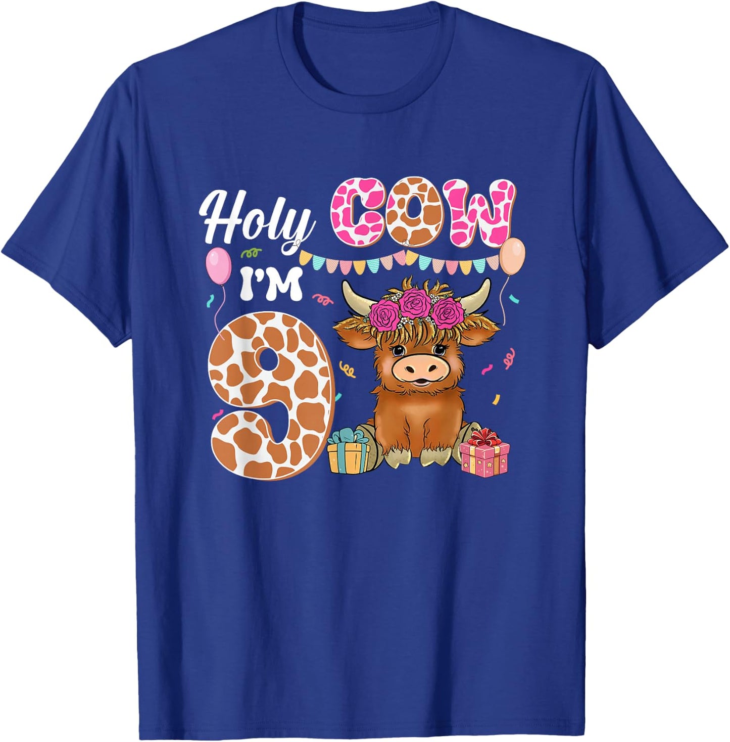 Holy Cow I'm 9 Highland Cow Farming 9th Birthday 9 Years Old T-Shirt - T-Shirt | Royal