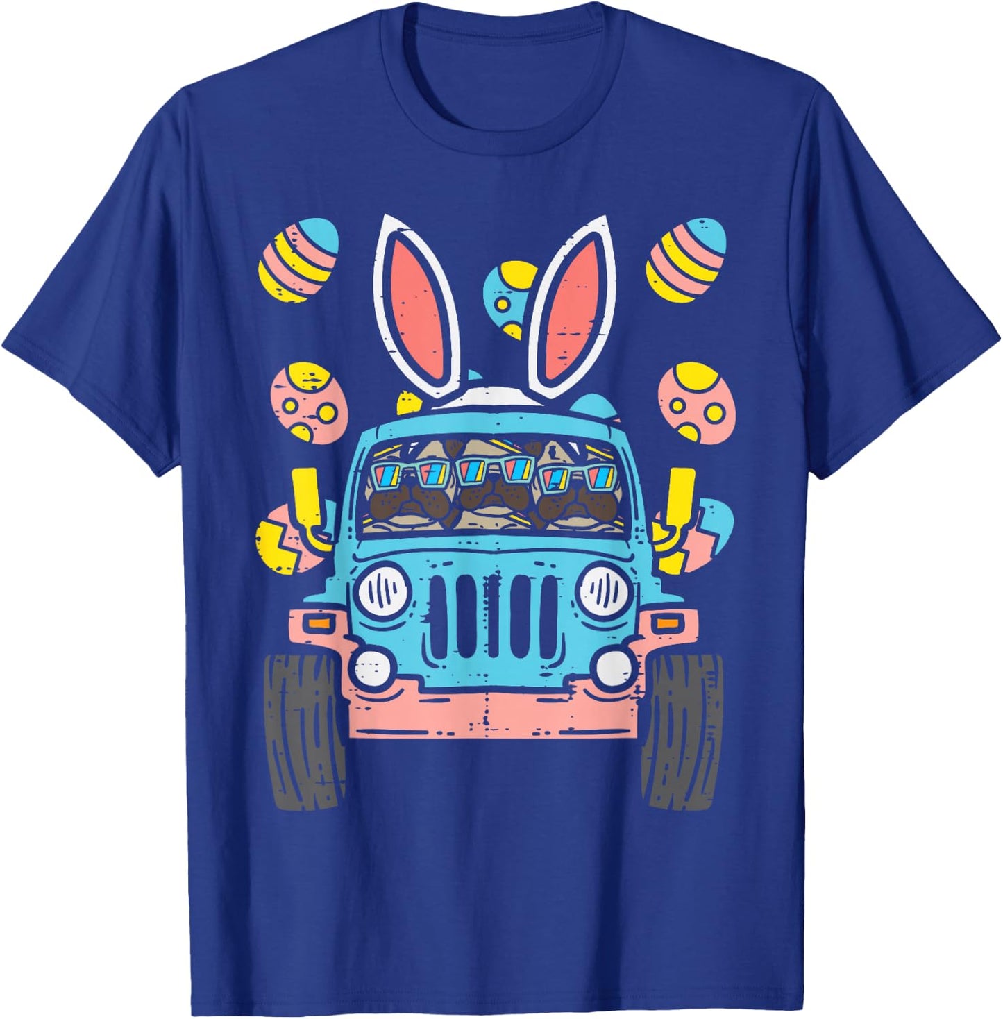 Pugs Monster Truck Bunny Ears Eggs Easter Egg Hunt Boys Kids T-Shirt - T-Shirt | Royal