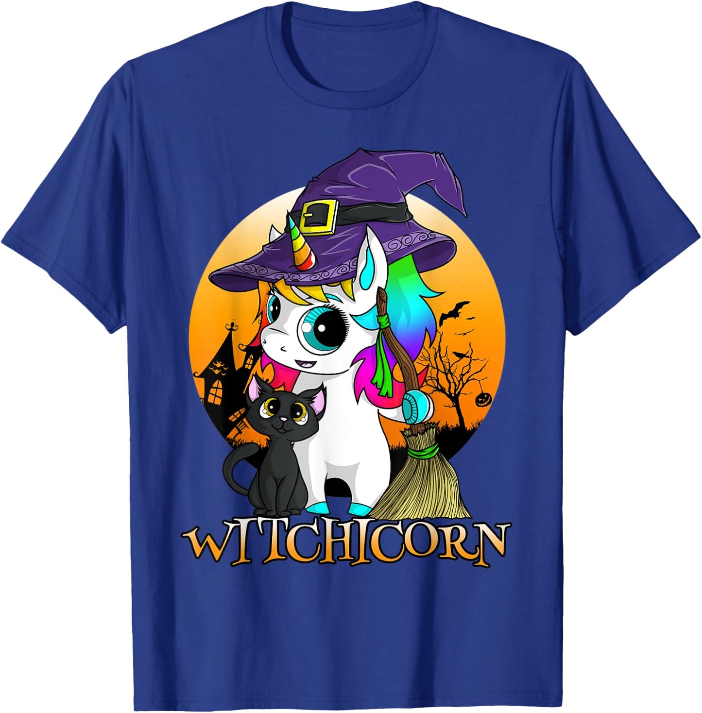 Witchicorn Unicorn Witch Halloween Black Cat Orange Moon T-Shirt - T-Shirt | Royal