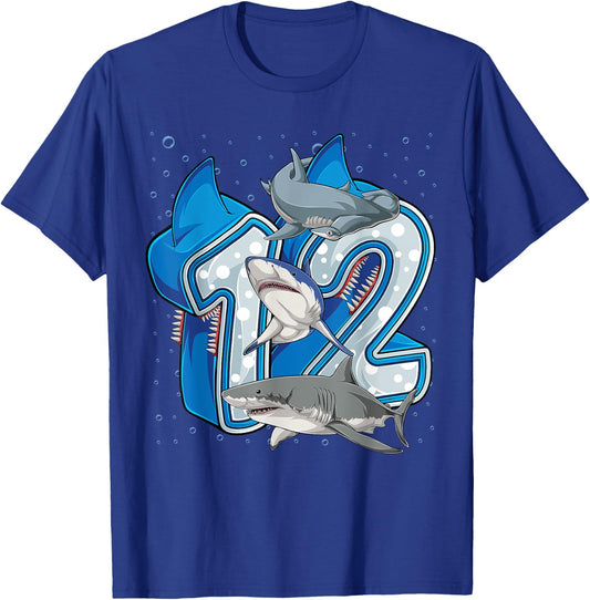 12th Birthday Boys Shark 12 years Old Ocean Shark B-day T-Shirt - T-Shirt | Royal