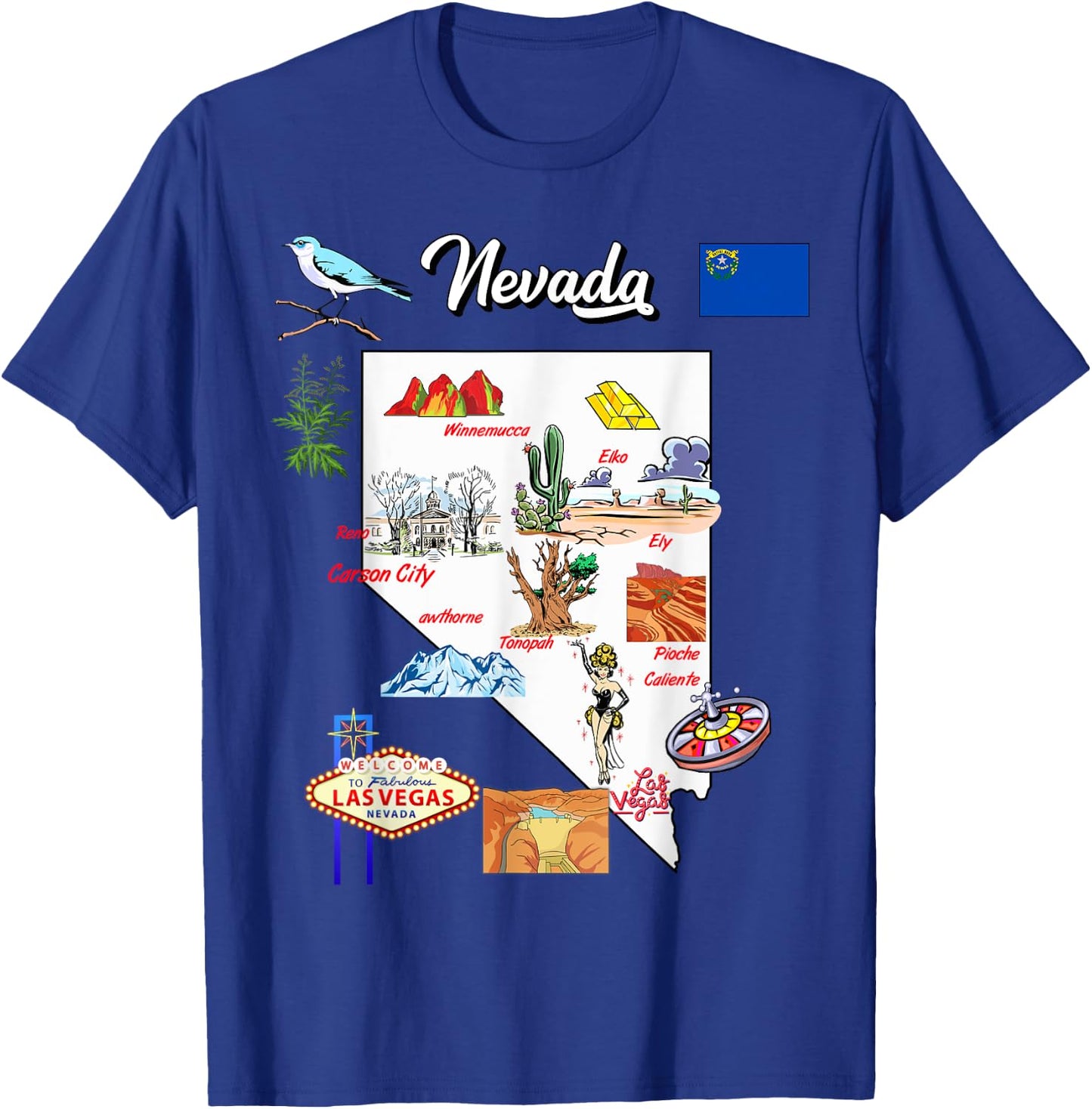 illustrated Map of Nevada in US with the Cities and symbols T-Shirt - T-Shirt | Royal