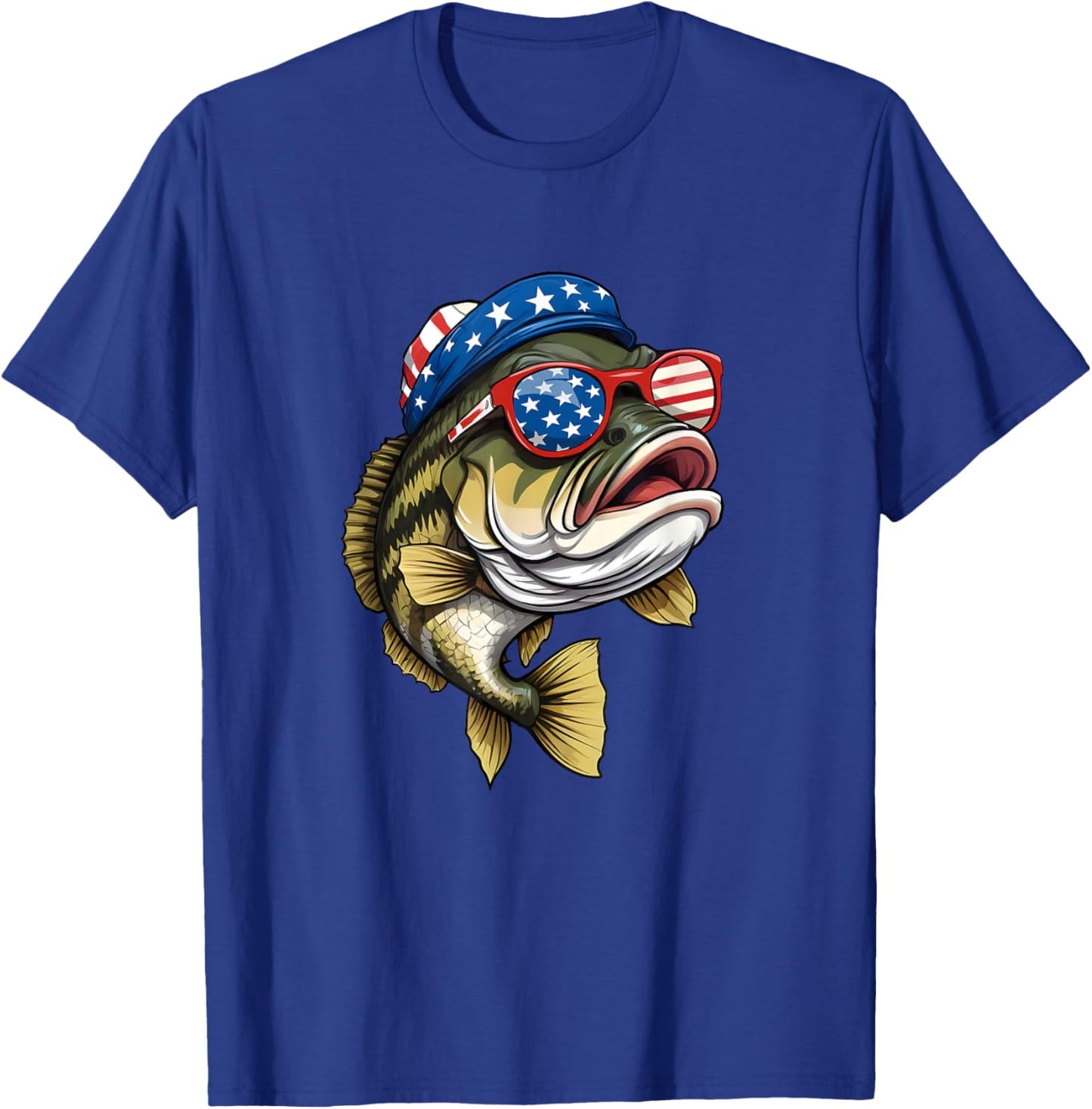 Bass Fish 4th Of July American US Flag Patriotic Fishing T-Shirt - T-Shirt | Royal