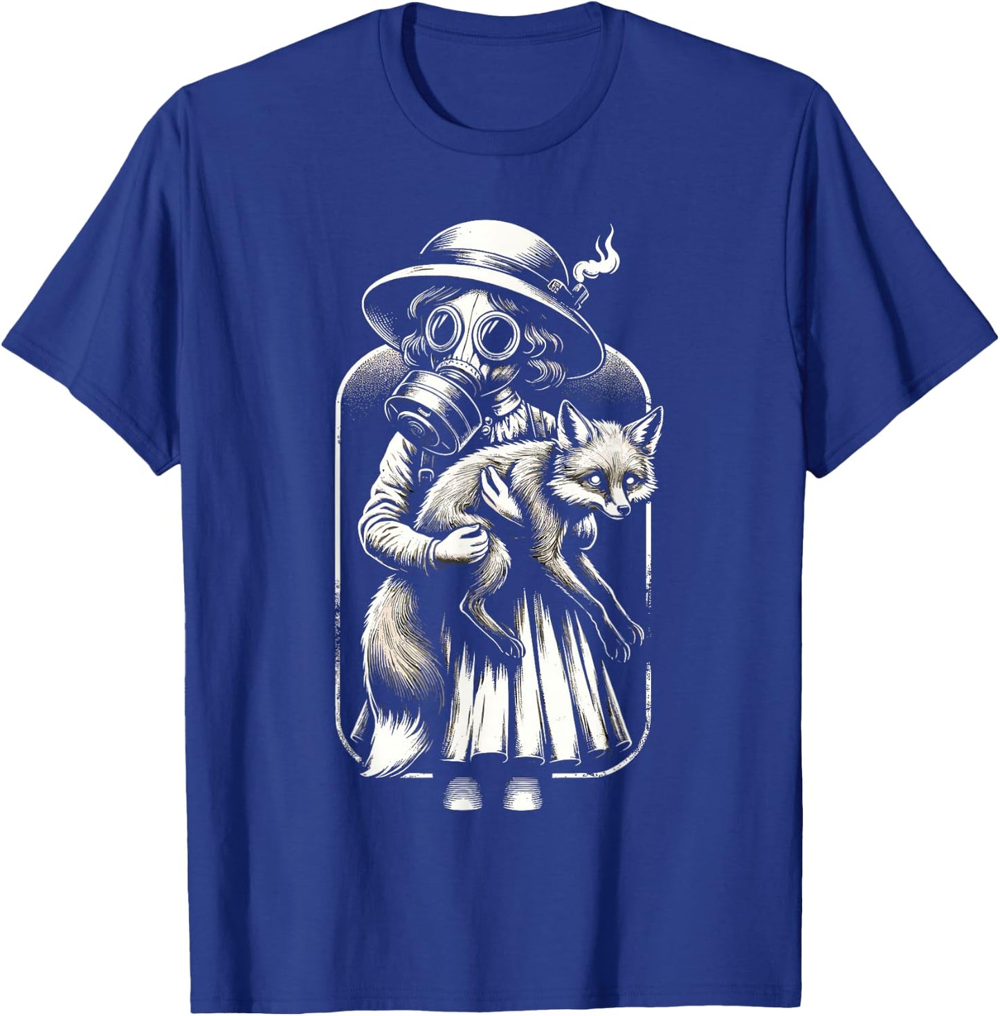 Creepy vintage girl wearing a gas mask and holding a fox T-Shirt - T-Shirt | Royal