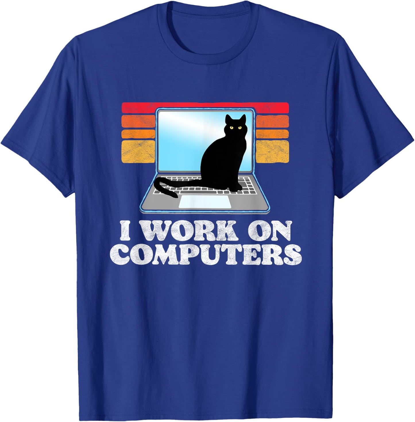 I Work On Computers Distracting Cat on Laptop Funny Retro T-Shirt - T-Shirt | Royal