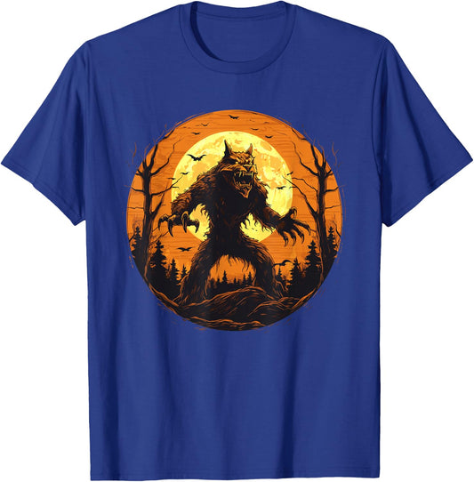 Halloween Werewolf Howling Full Moon Bats Spooky Graphic T-Shirt - T-Shirt | Royal
